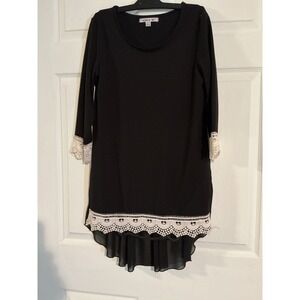 Nico La Womens Black Crochet Lace Trim High Low Tunic Top Chiffon Back Medium